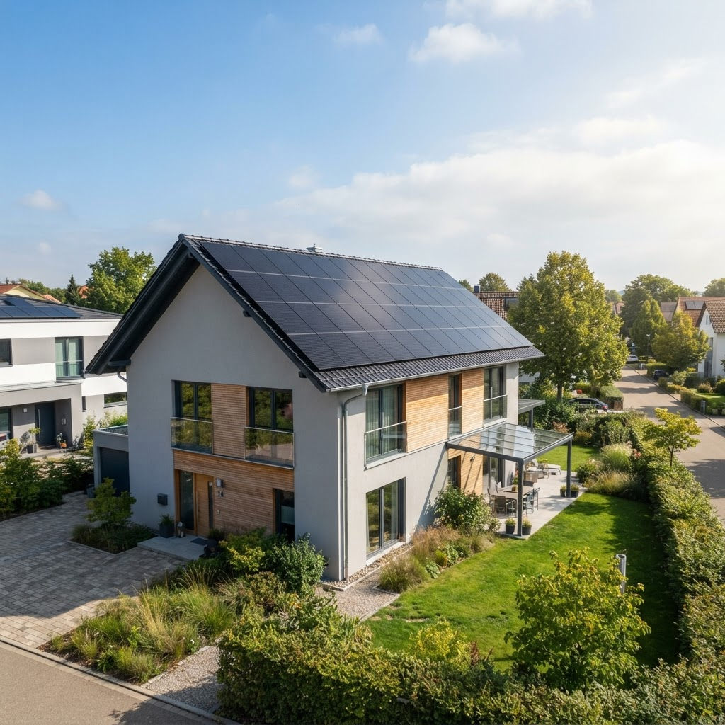 Wohnhaus mit modernen Photovoltaik-Modulen auf dem Dach